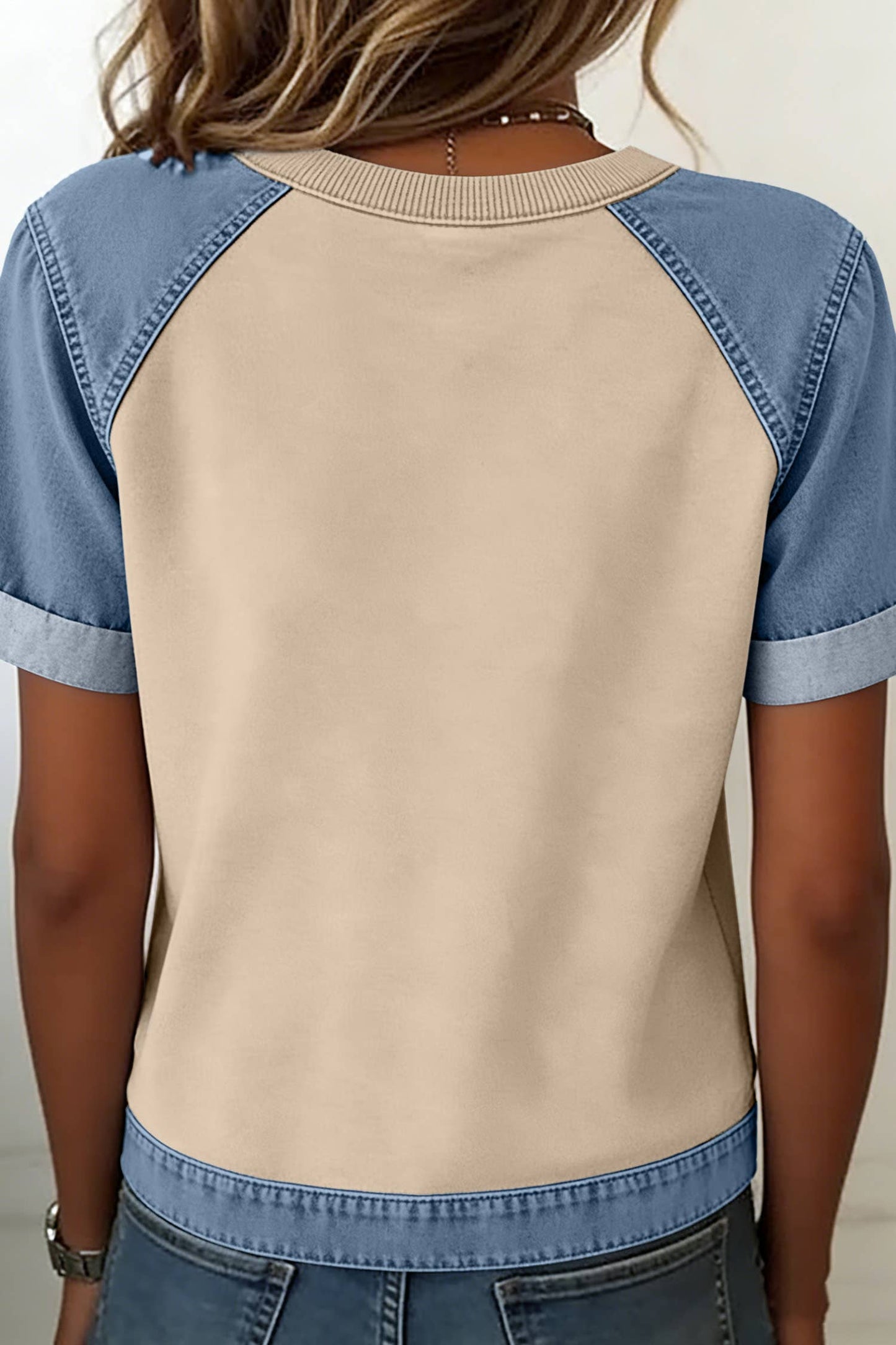 Spring 2026 Denim Color Block Patchwork Round Neck Tee