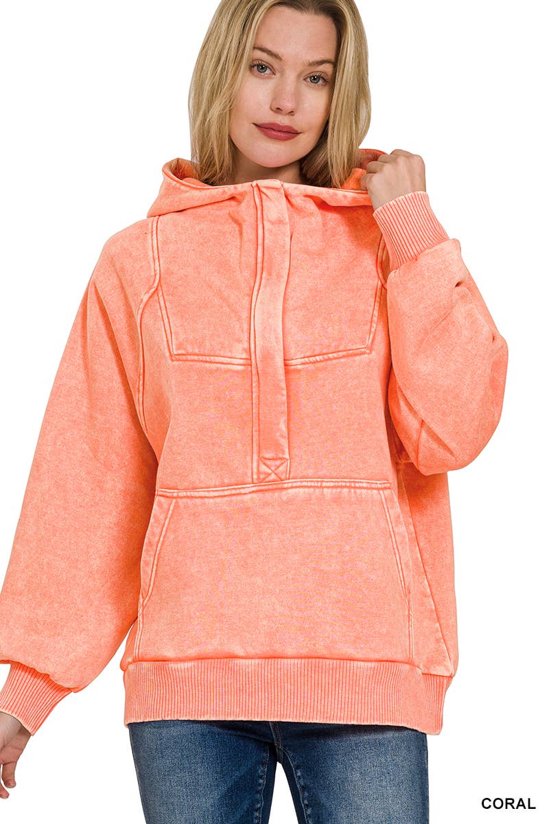 .SI-25317 Washed Fleece Oversized 1/4 Zip Hoodie