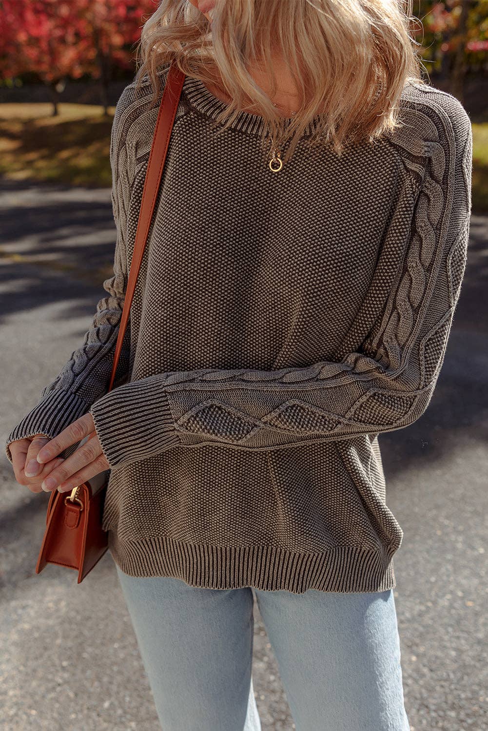 Ashleigh Blue Contrast Cable Knit Sleeve Casual Sweater