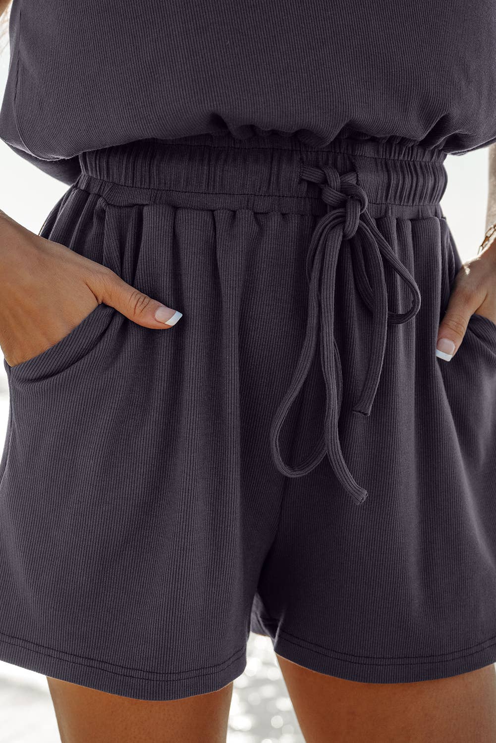 Open Back Cap Sleeve Drawstring Knit Romper | S-XL