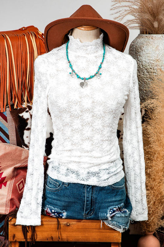 Fashion-W Floral Lace High Neck Long Sleeve Top