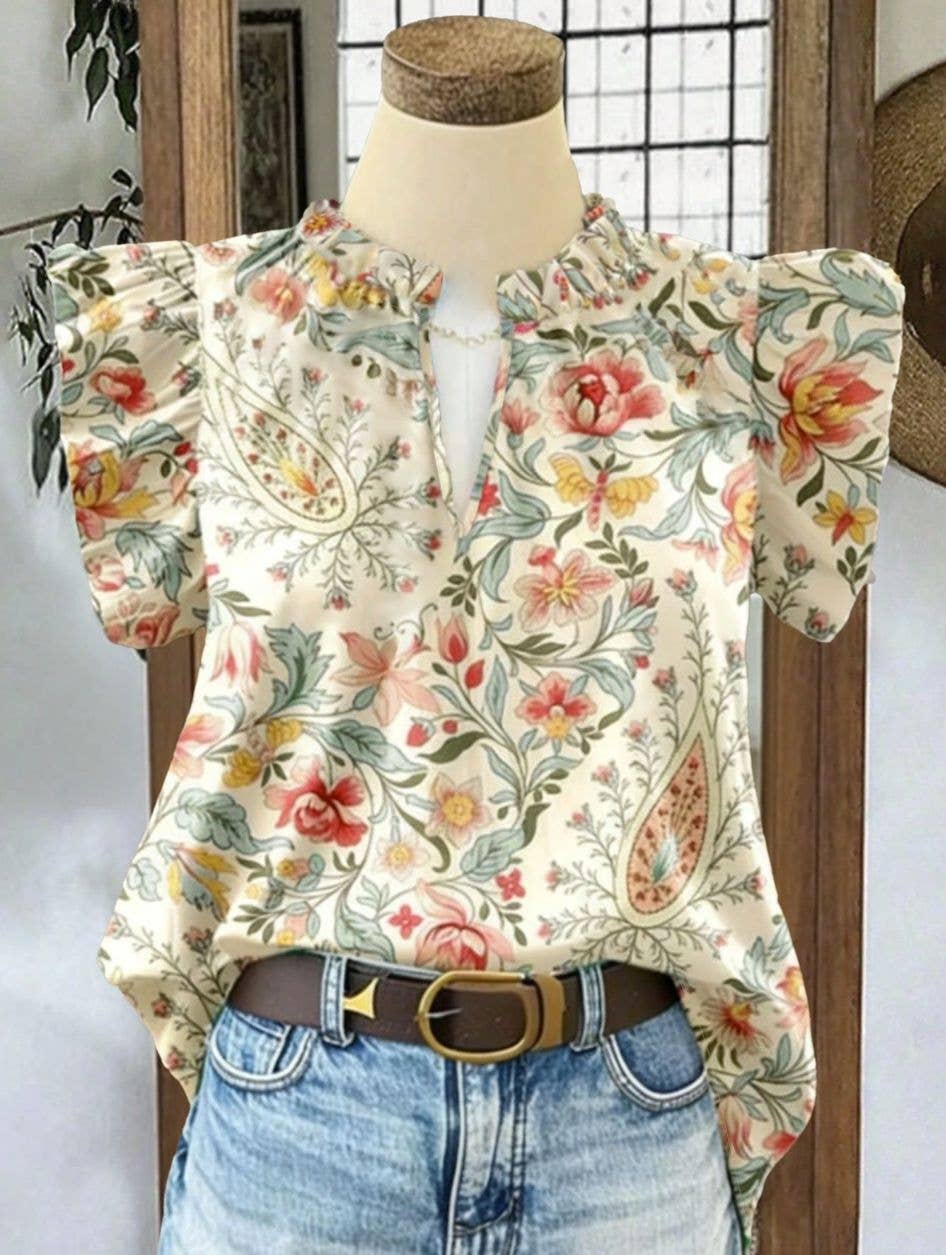 Retro Floral Print Ruffle Flutter Sleeve Blouse Casual Shirt