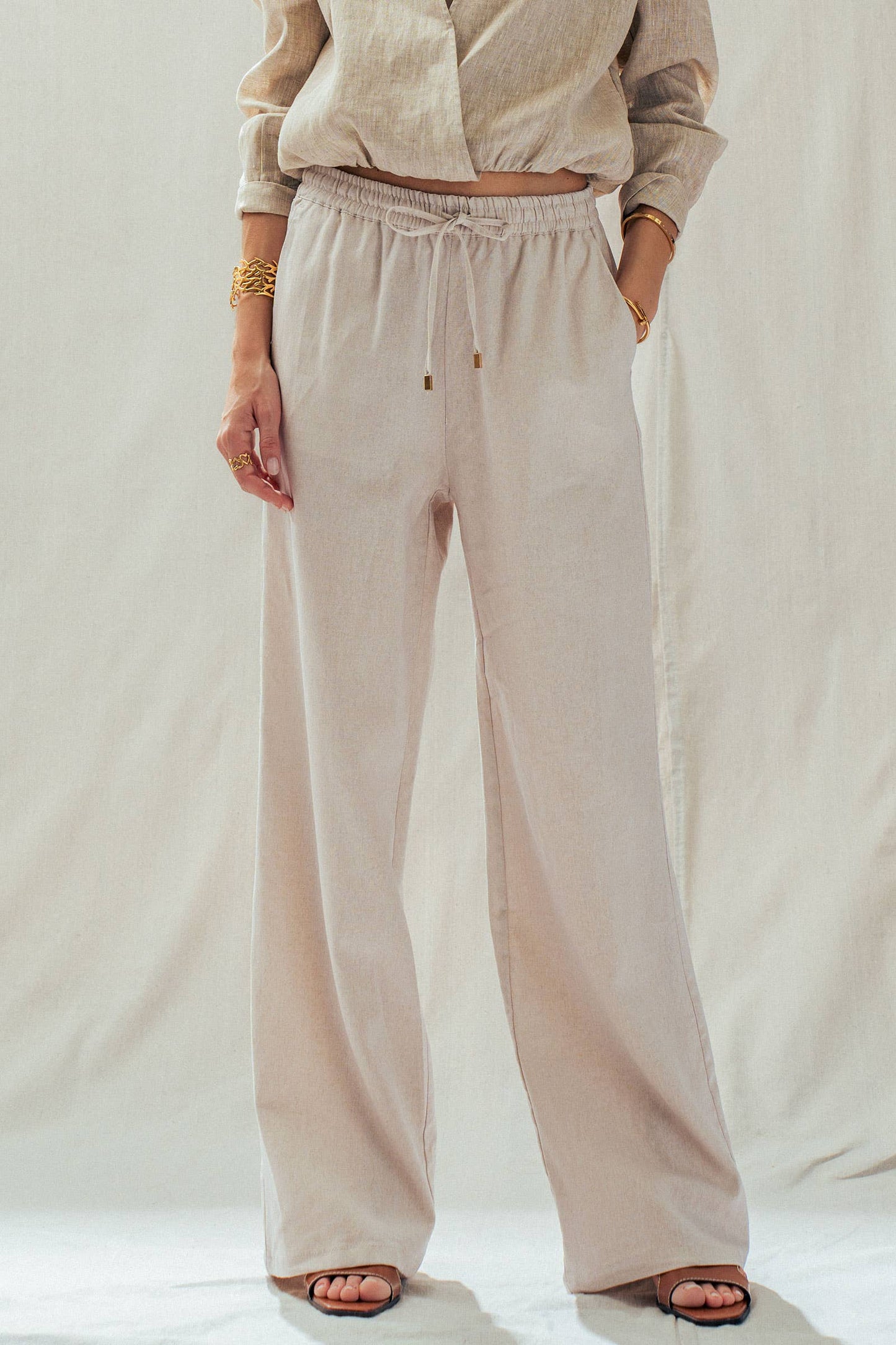 Linen Blend Wide Leg Pants Drawstring Waist