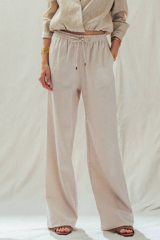 Linen Blend Wide Leg Pants Drawstring Waist