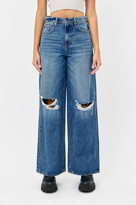 Medium Dark Classic Distressed 33" Inseam Wideleg