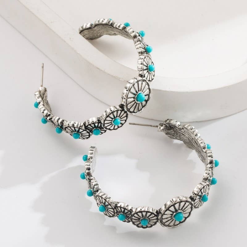 WESTERN TURQ STONE HOOP EARRINGS | 40E432