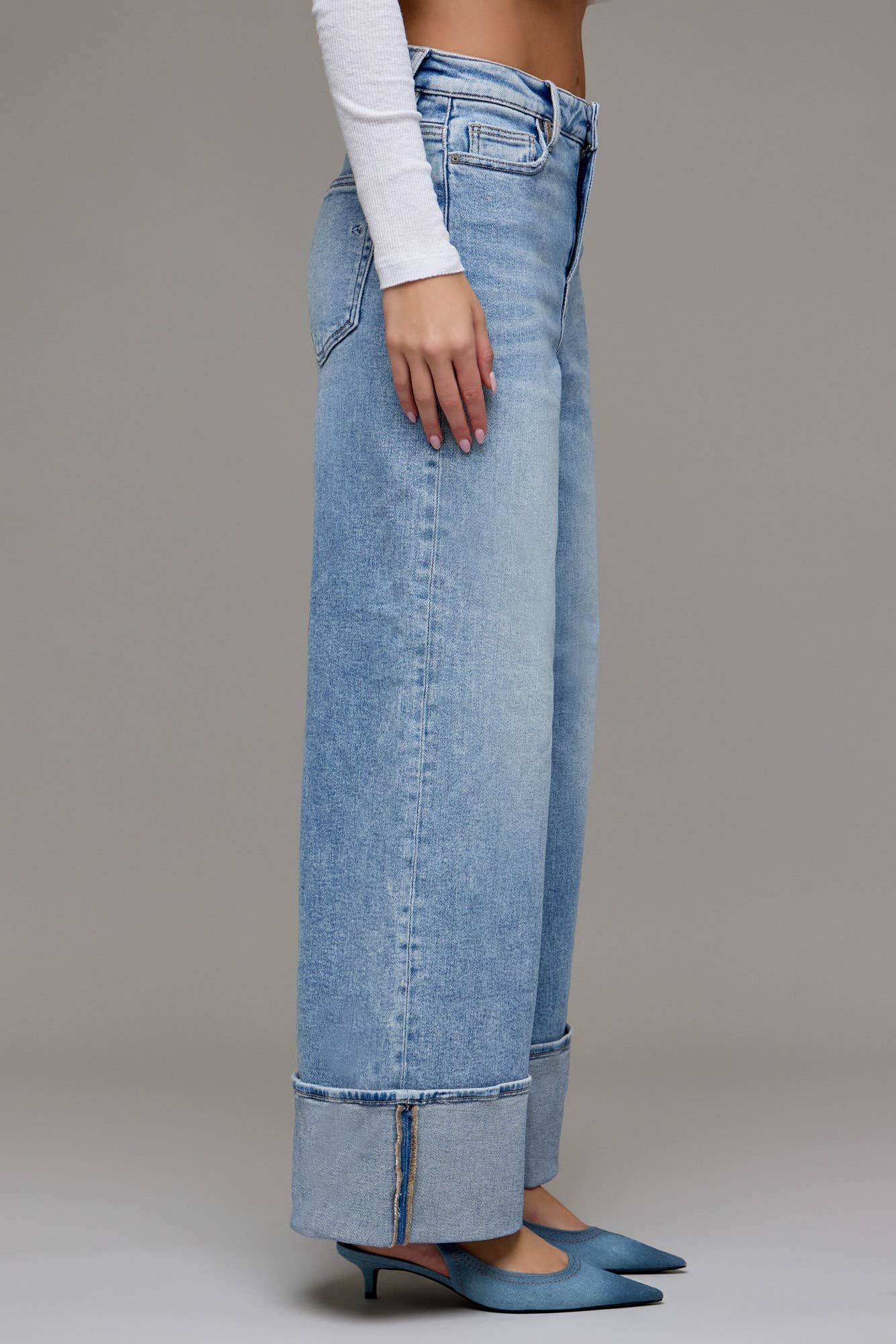NORI Medium Light High Rise Cuffed Super Wide Leg