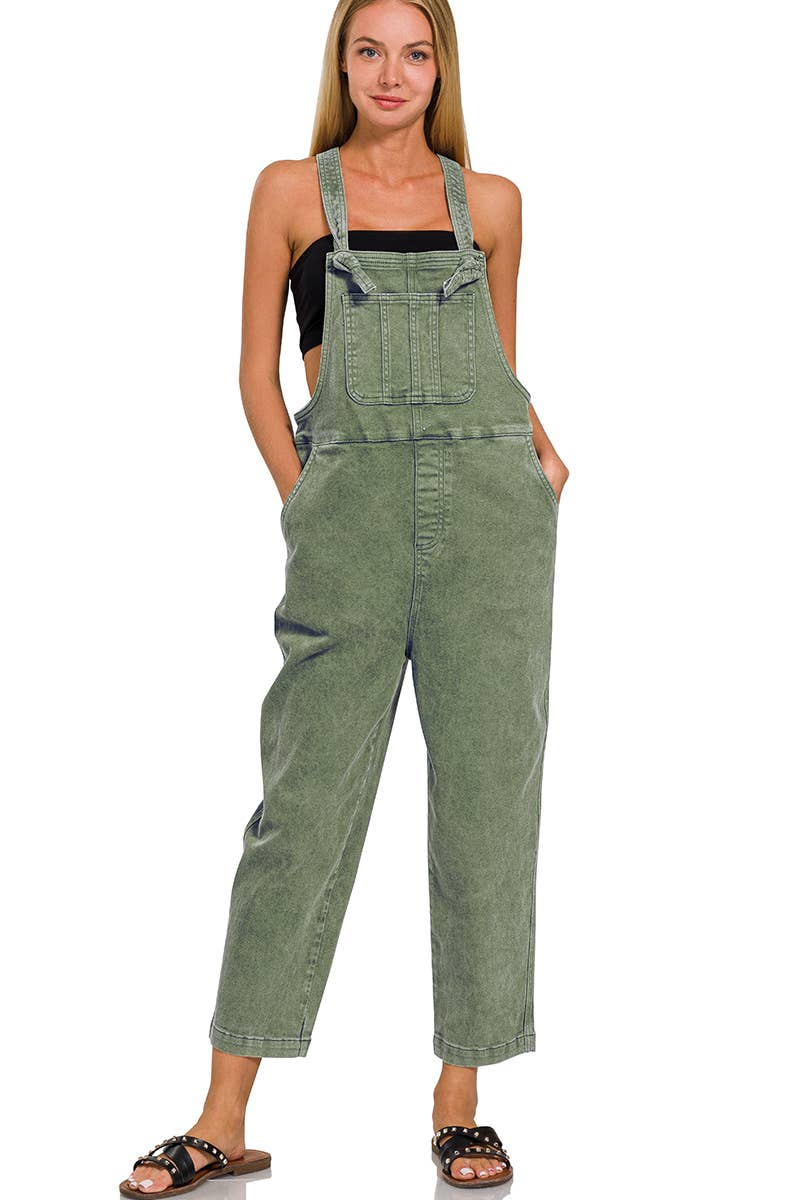 ',._ Washed Knot Strap Relaxed Fit Denim Overalls