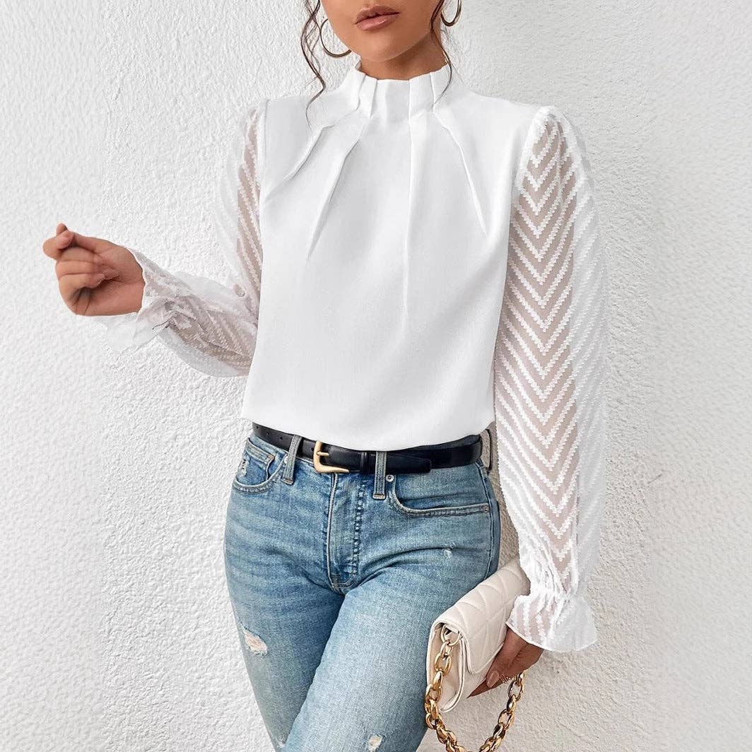 Chiffon High Neck Sheer Sleeve Blouse Elegant Top