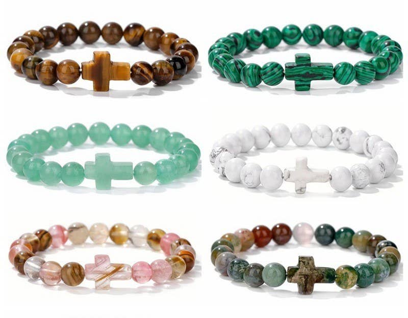 Boho Natural Stone Cross Charm Beaded Bracelet | 40B5248