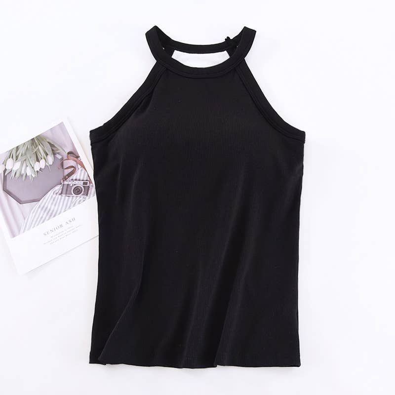 Laid back halter neck rib knit built-in bra tank top