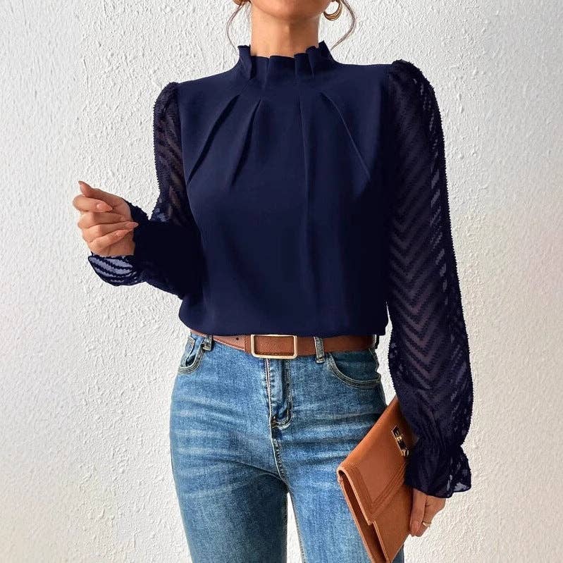 Chiffon High Neck Sheer Sleeve Blouse Elegant Top