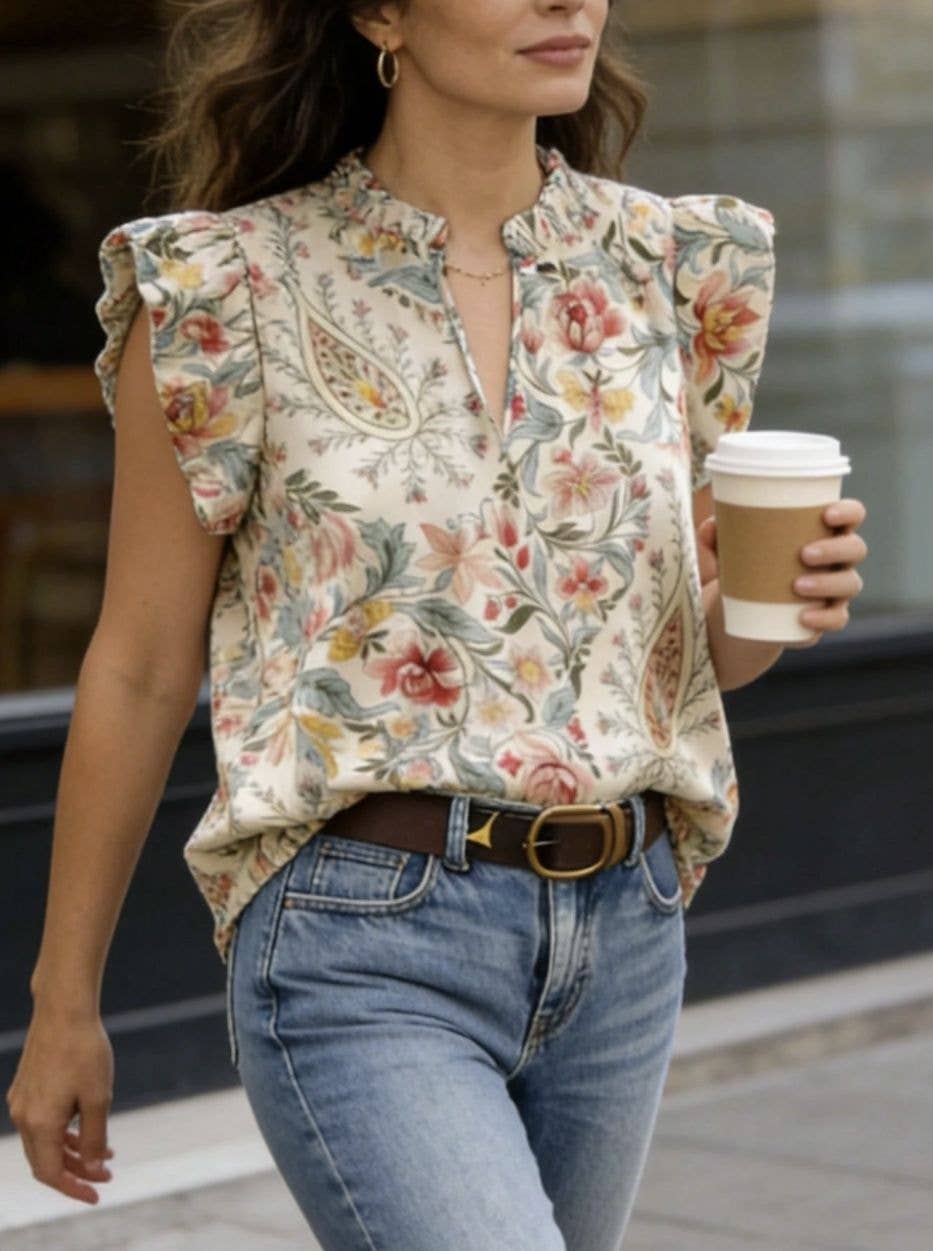 Retro Floral Print Ruffle Flutter Sleeve Blouse Casual Shirt