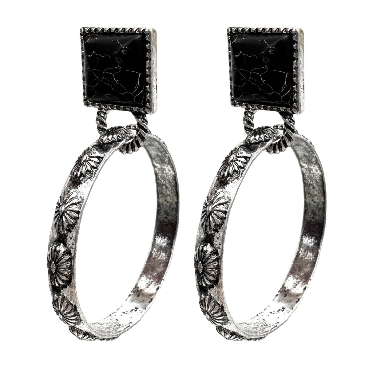Square Stone Stud Western Hoop Earrings