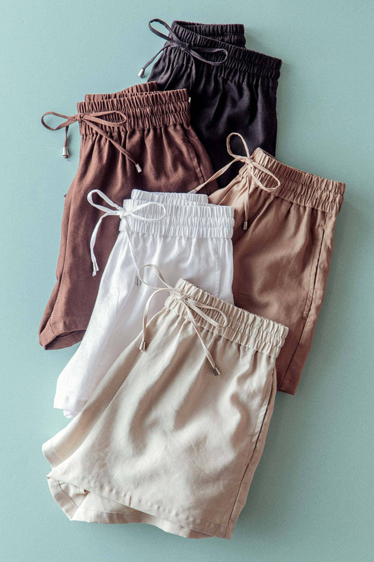 Linen Blend Elastic Waist Drawstring Shorts
