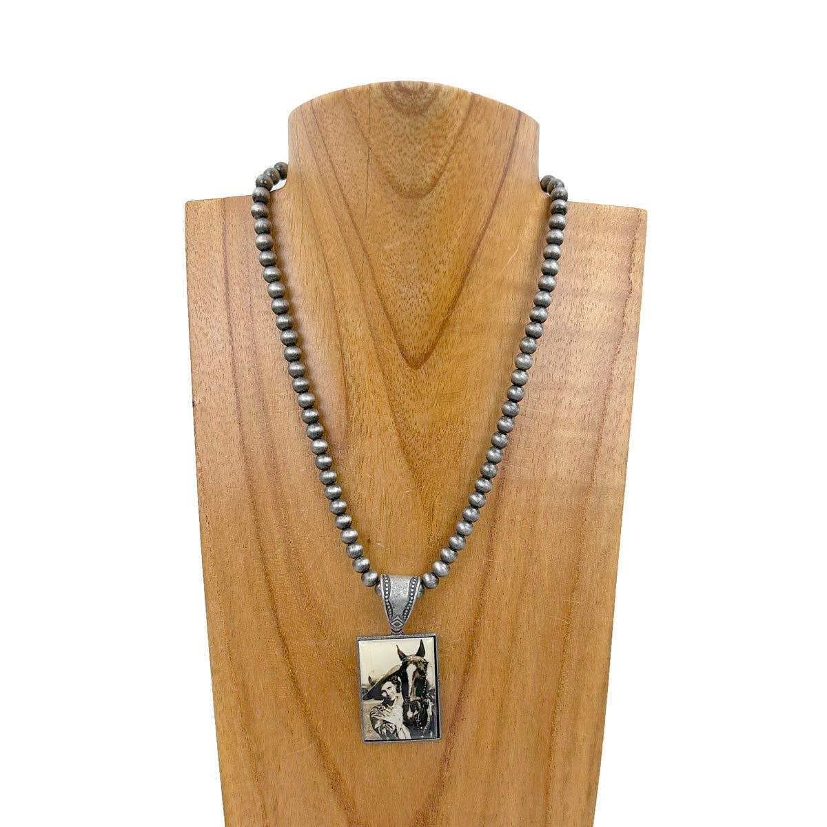 NKZ231209-33         15 inches silver Navajo pearl beads with triangle cowgirl pendent Necklace