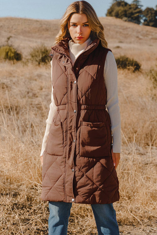 Fashion-W Longline Quilted Stand Collar Puffer Vest