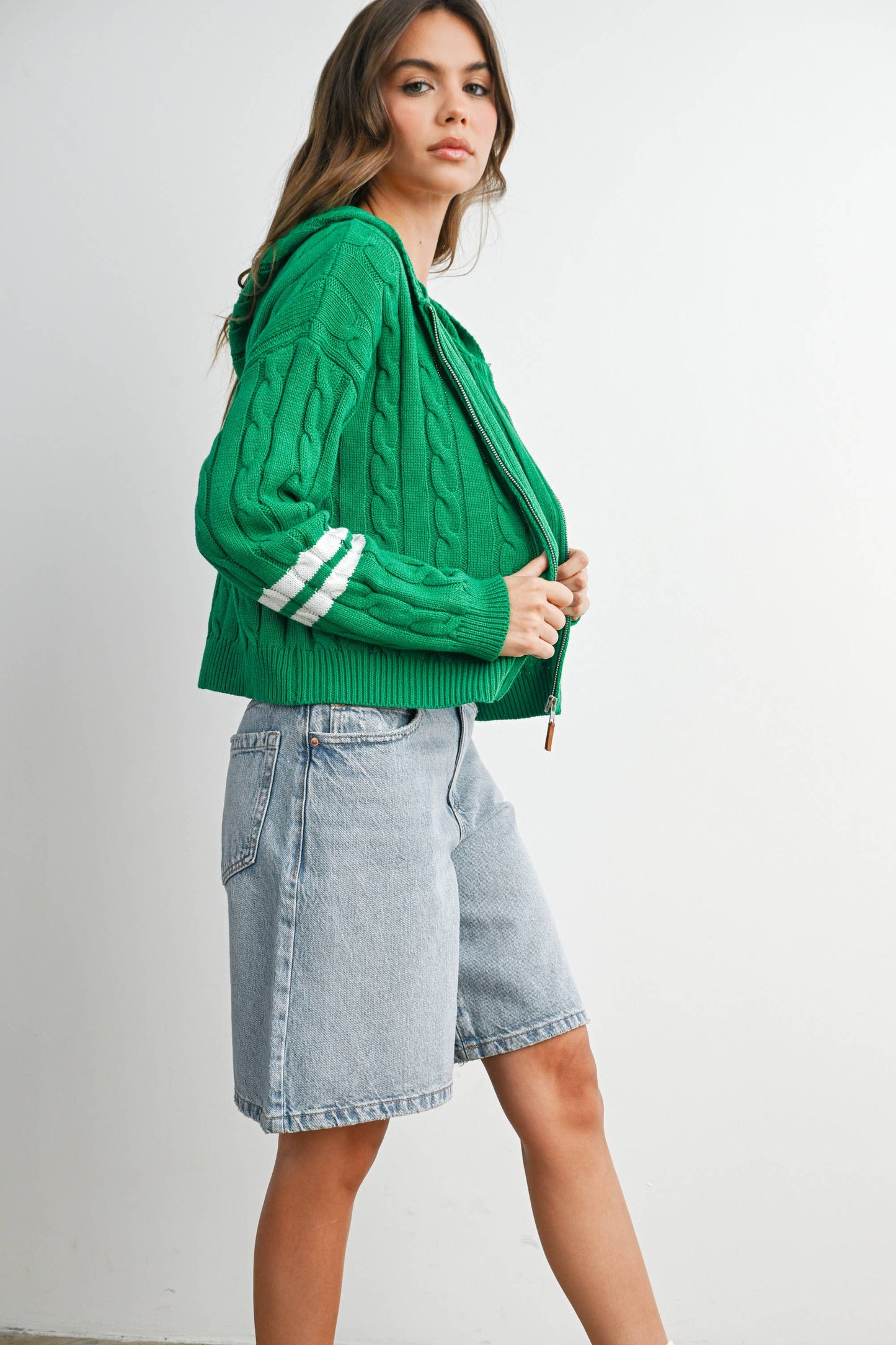 Cable Knit Zip-Up Hoodie Cardigan -