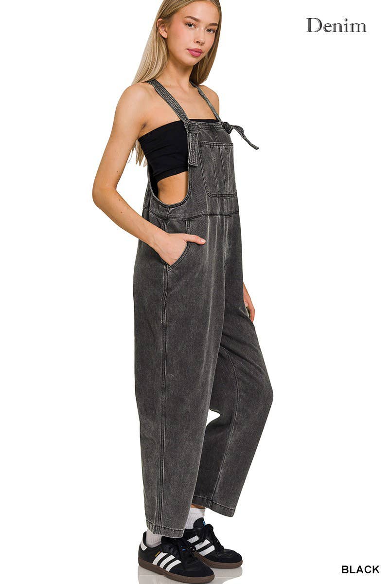 ',._ Washed Knot Strap Relaxed Fit Denim Overalls