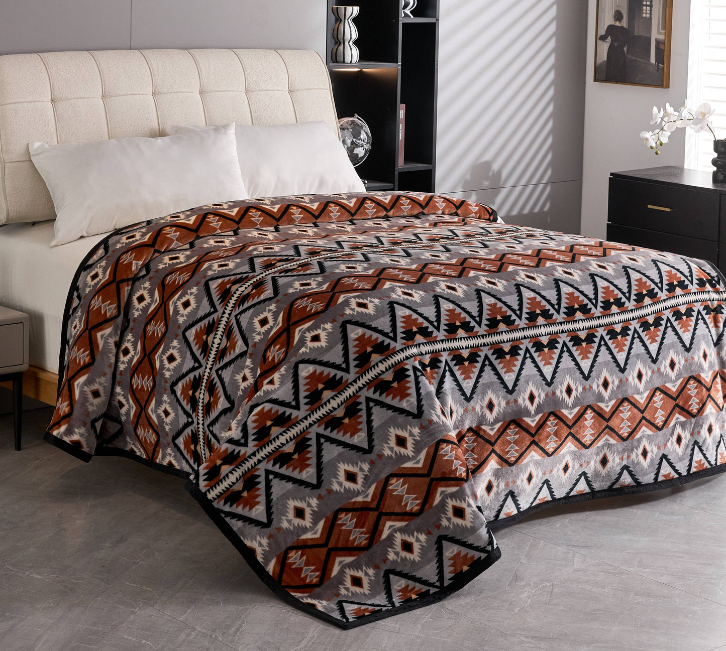Gray Southwest Aztec King Size Super Soft Plush Blanket