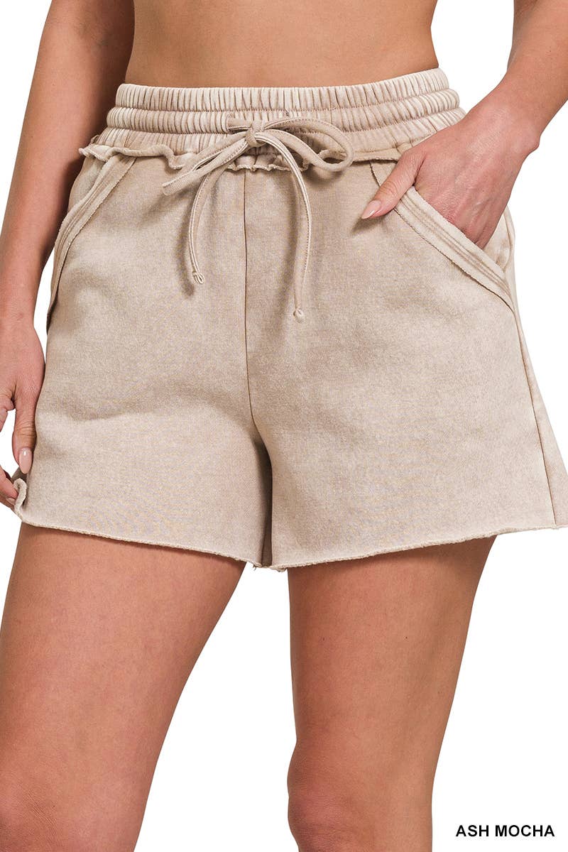 Washed Fleece Drawstring Shorts With Pockets
