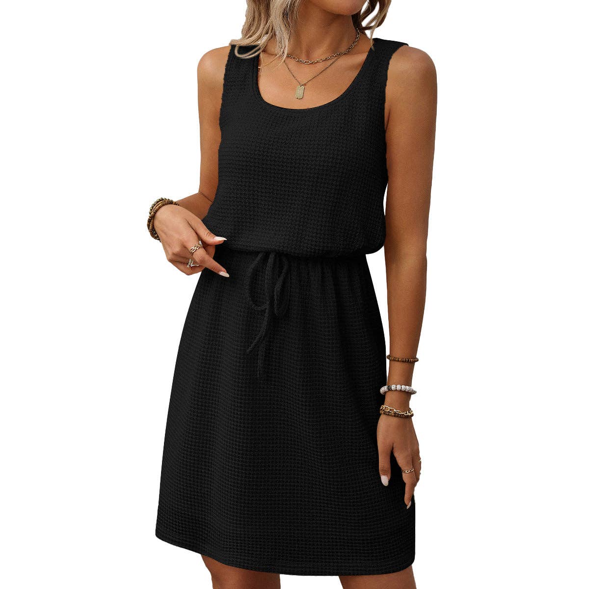 Textured Sleeveless Drawstring Waist Mini Dress Lined