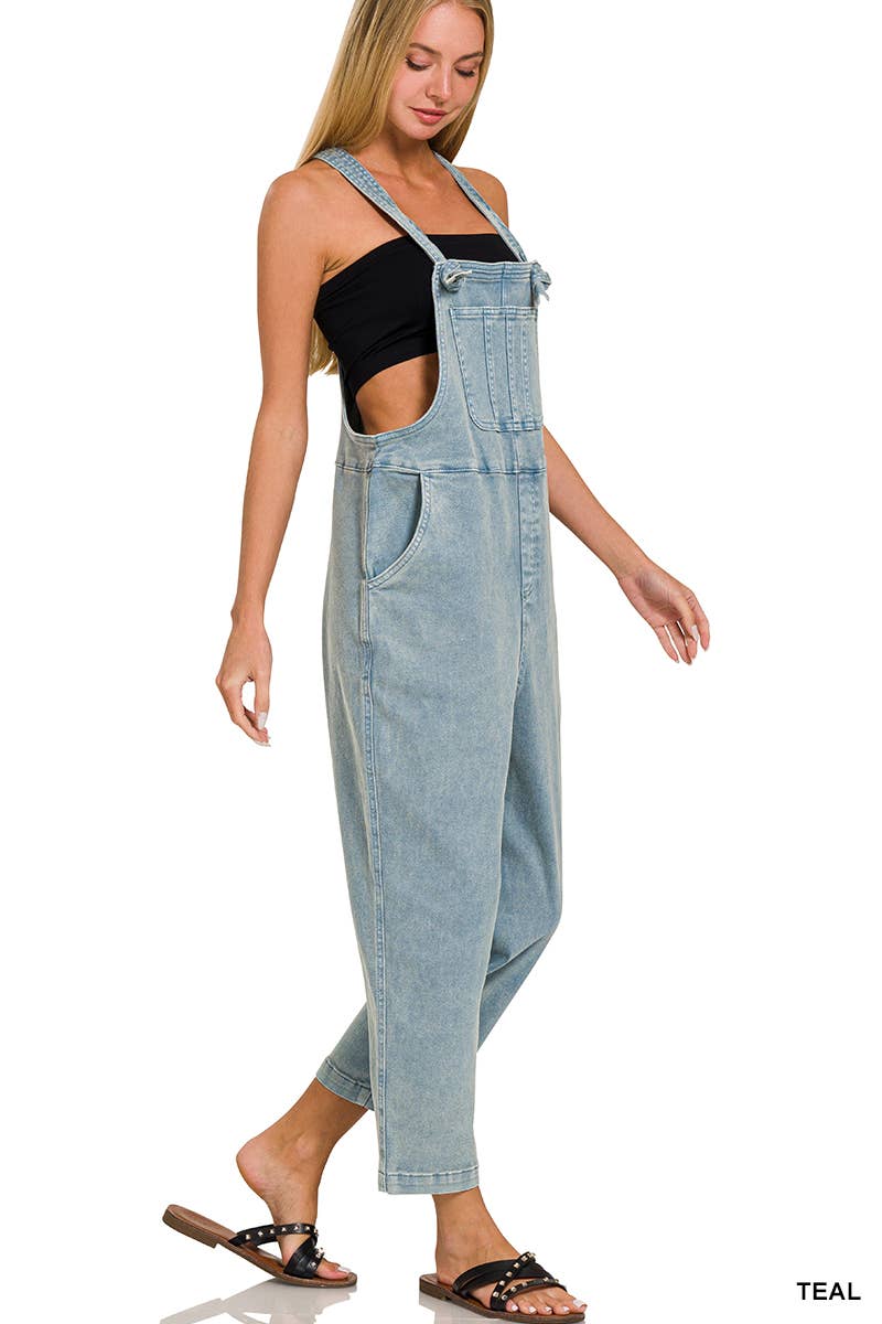 ',._ Washed Knot Strap Relaxed Fit Denim Overalls