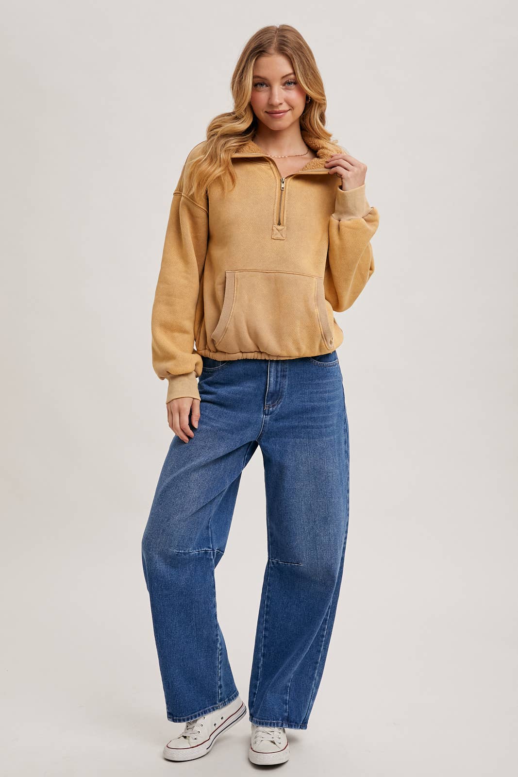 HALF ZIPPER FRONT HOODIE SWEATSHIRT WITH INNER FLEECE