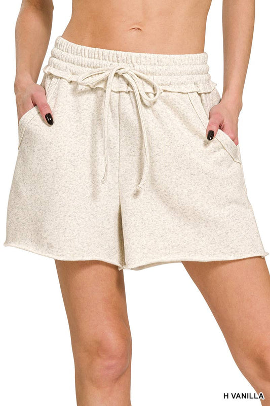 `.Fleece Raw Hem Shorts With Drawstring & Pockets
