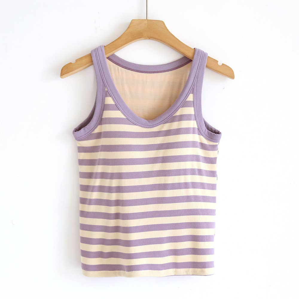 Contrast stripe scoop neck built-in bra tank top