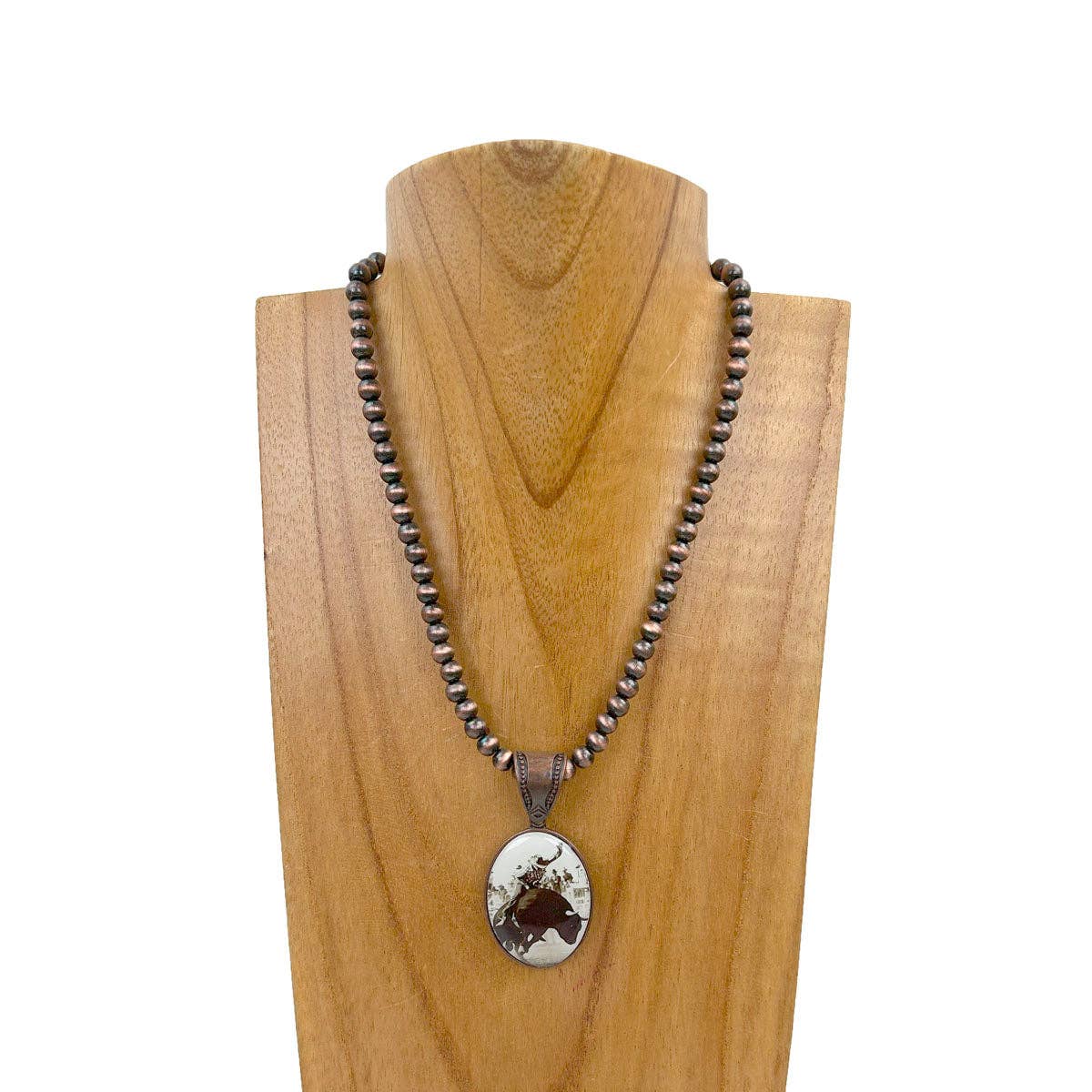 NKZ231209-27         15 inches silver Navajo pearl beads with oval cowboy pendent Necklace
