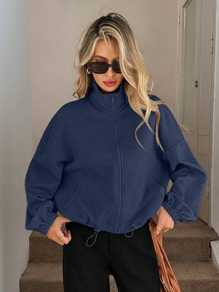 Textured Polyester Jacket Casual Bomber Oversized Zip Up