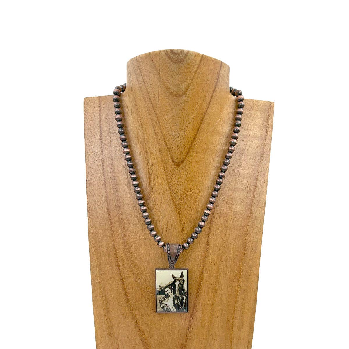 NKZ231209-33         15 inches silver Navajo pearl beads with triangle cowgirl pendent Necklace