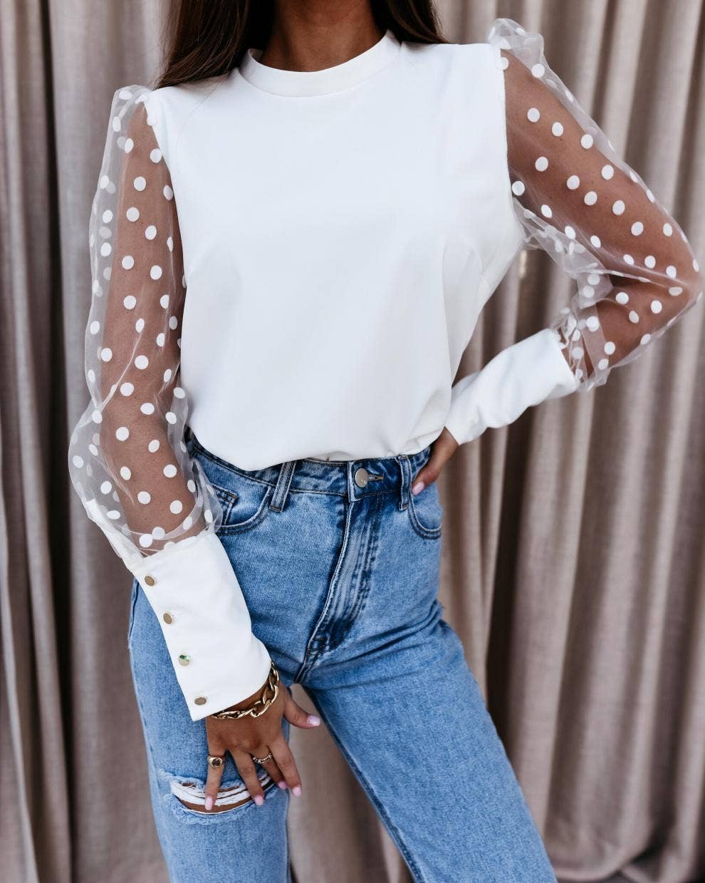 Lace-Sleeved Casual Lace Chiffon Shirt