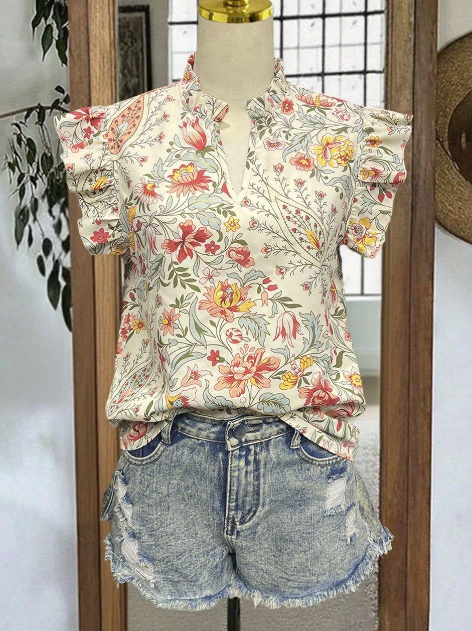 Retro Floral Print Ruffle Flutter Sleeve Blouse Casual Shirt