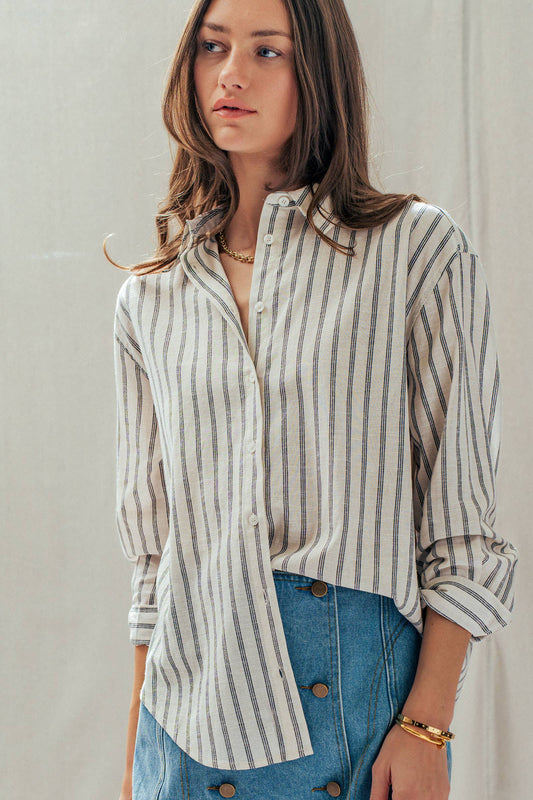 Striped Linen Blend Button Up Shirt