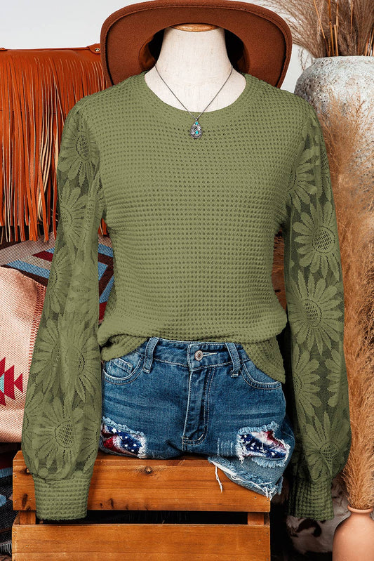 Fashion-W Sunflower Mesh Bubble Sleeve Waffle Knit Top