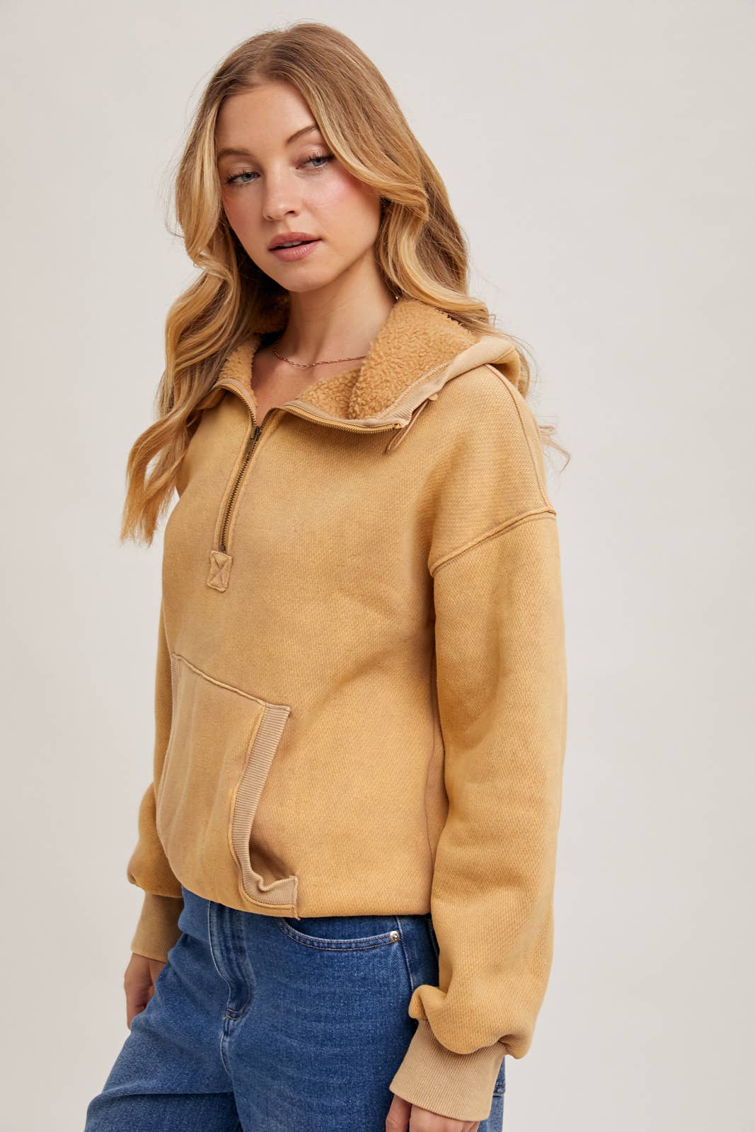 HALF ZIPPER FRONT HOODIE SWEATSHIRT WITH INNER FLEECE
