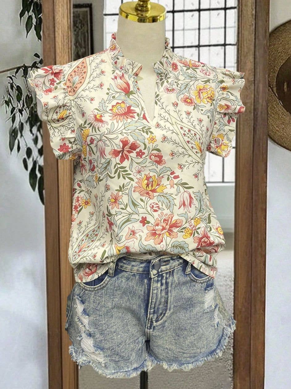 Retro Floral Print Ruffle Flutter Sleeve Blouse Casual Shirt