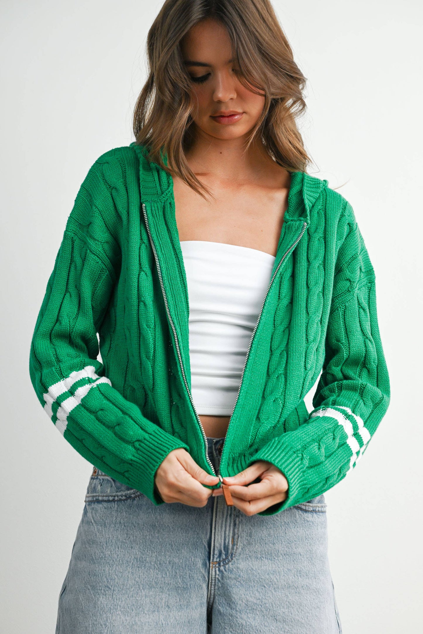 Cable Knit Zip-Up Hoodie Cardigan -