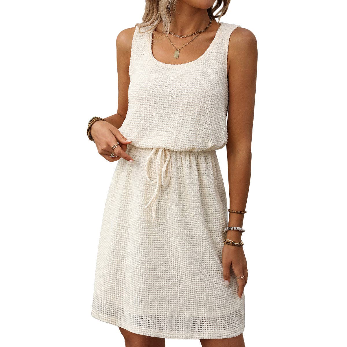 Textured Sleeveless Drawstring Waist Mini Dress Lined