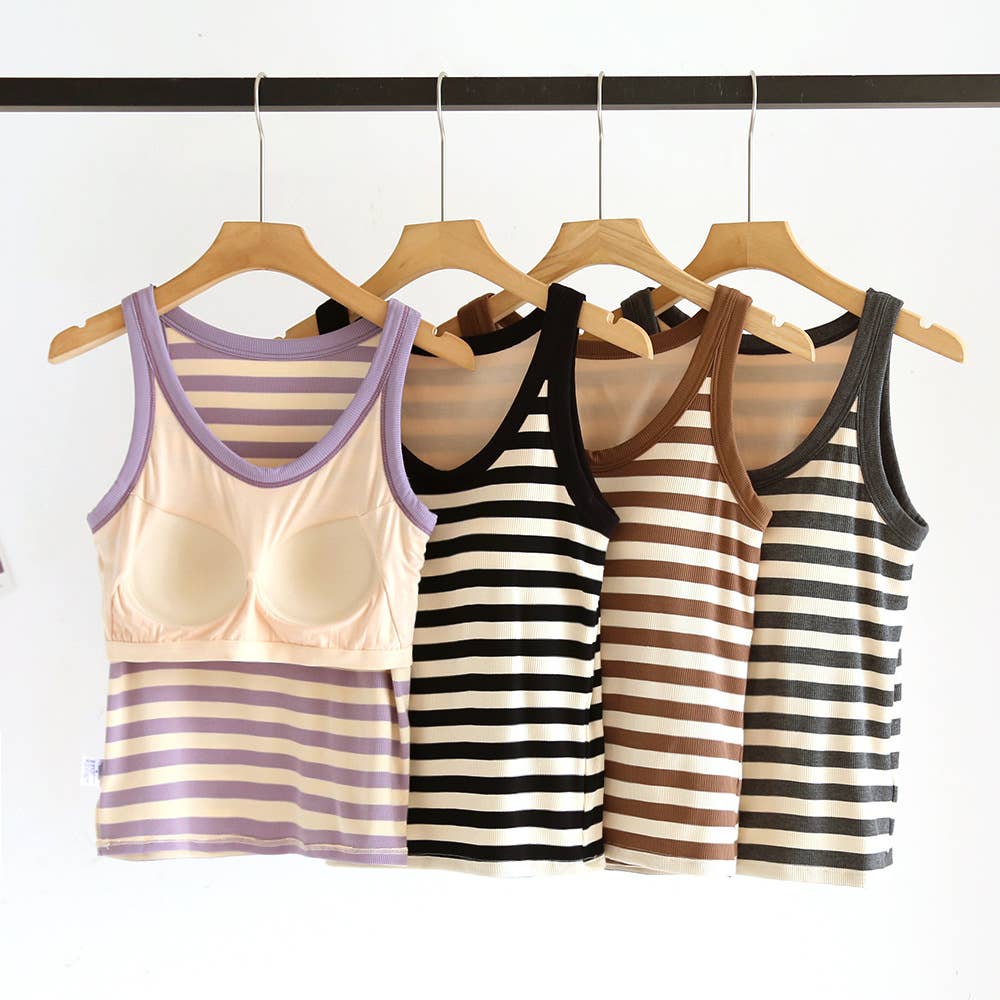 Contrast stripe scoop neck built-in bra tank top
