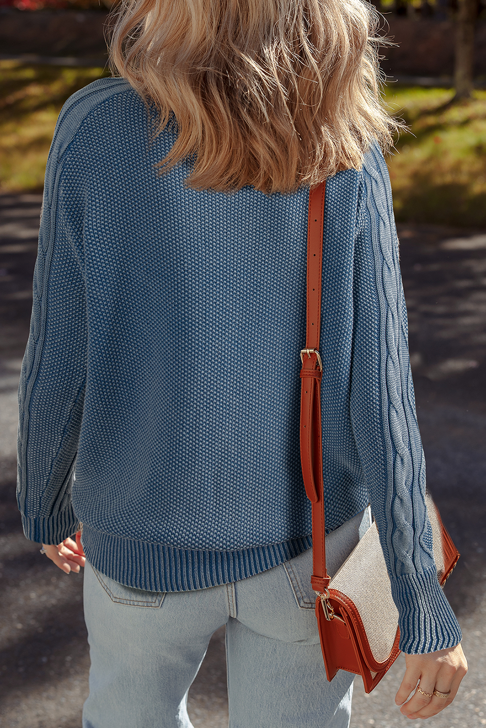 Ashleigh Blue Contrast Cable Knit Sleeve Casual Sweater
