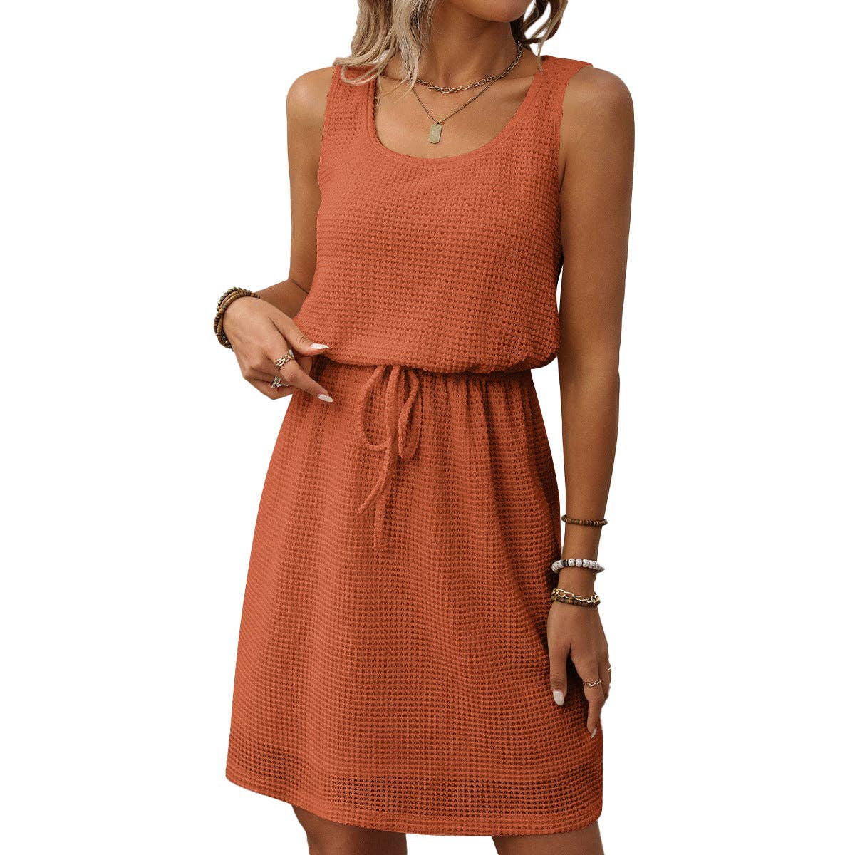 Textured Sleeveless Drawstring Waist Mini Dress Lined