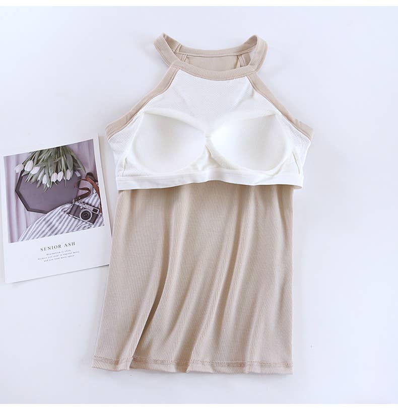 Laid back halter neck rib knit built-in bra tank top