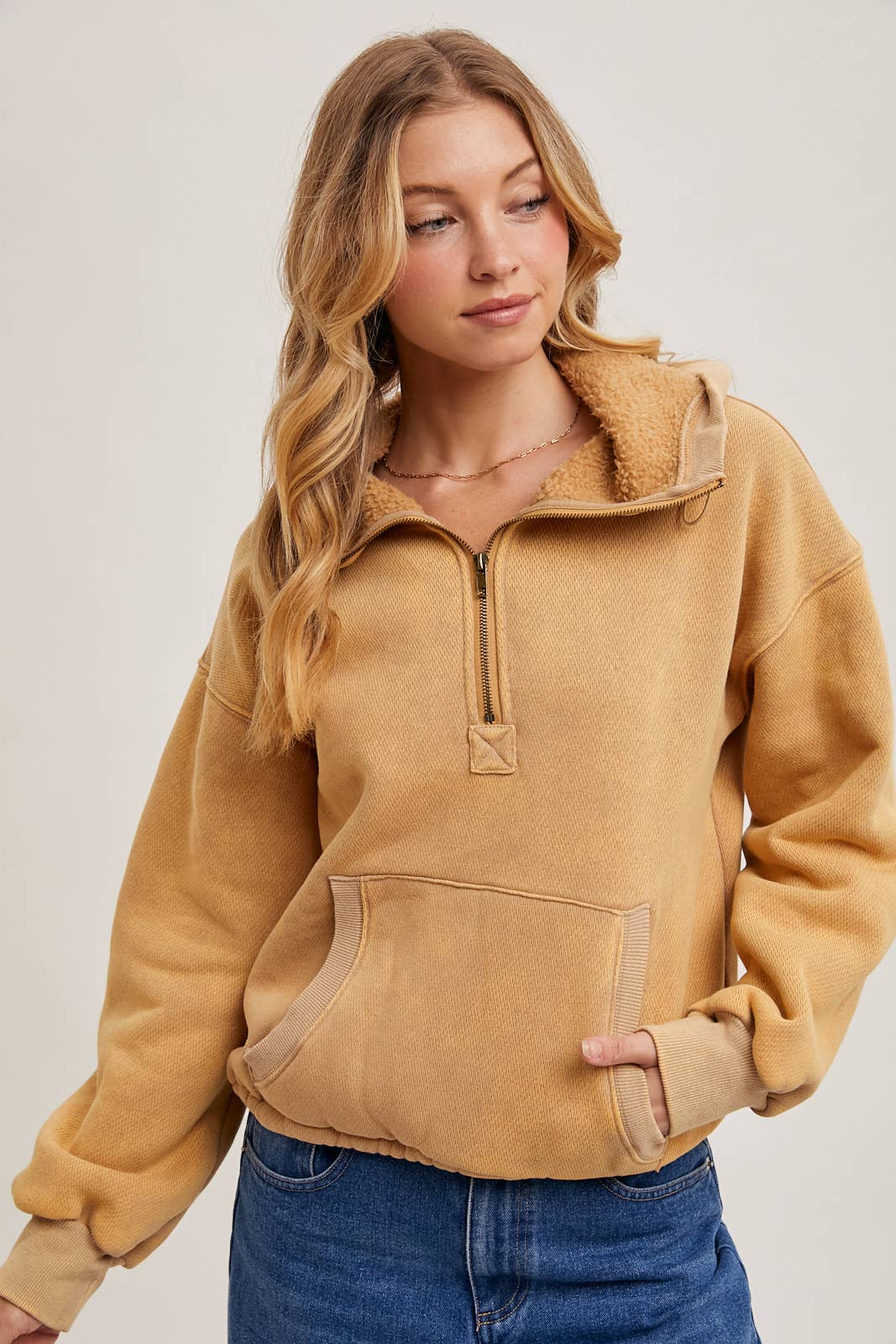 HALF ZIPPER FRONT HOODIE SWEATSHIRT WITH INNER FLEECE