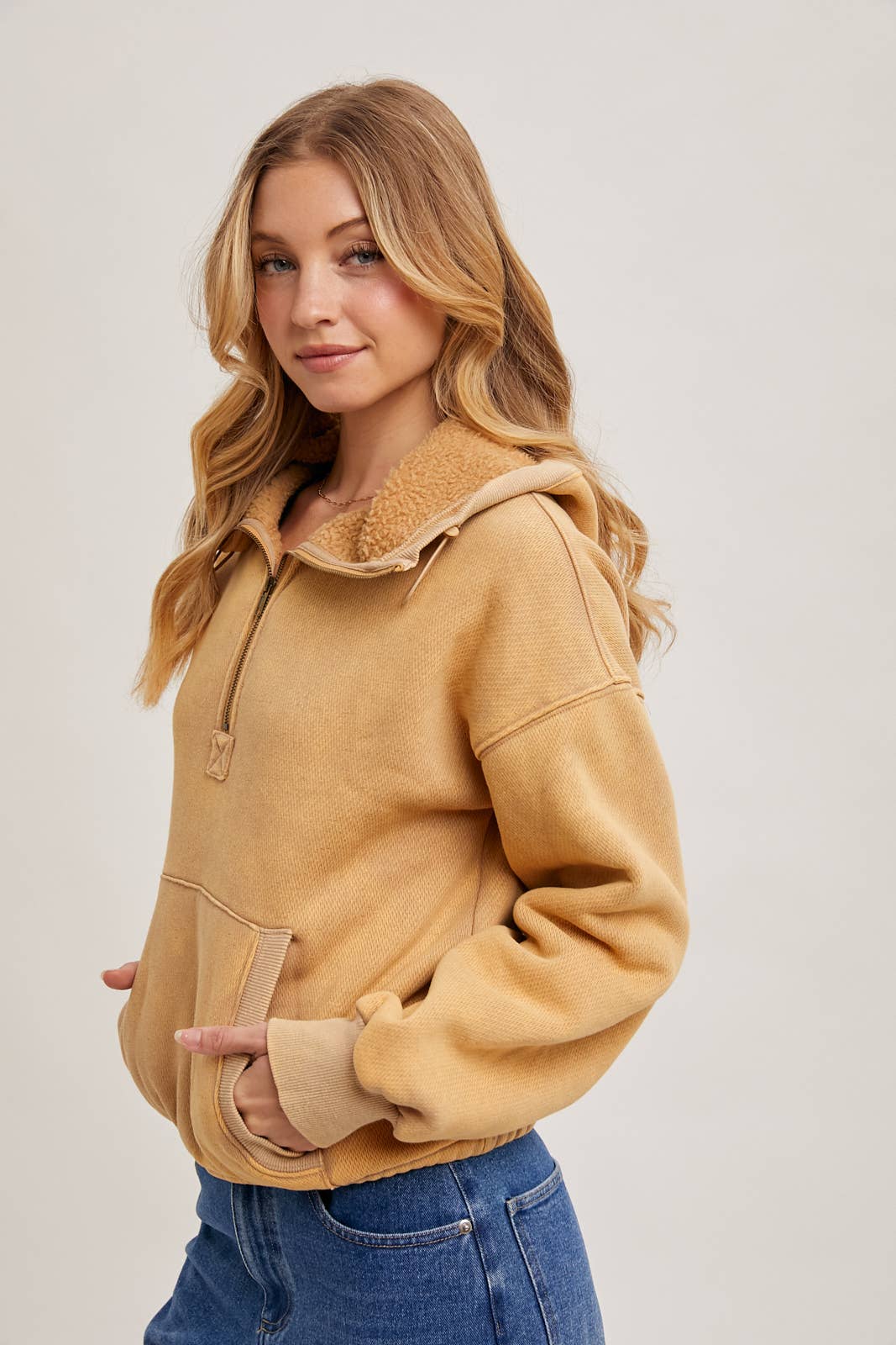 HALF ZIPPER FRONT HOODIE SWEATSHIRT WITH INNER FLEECE